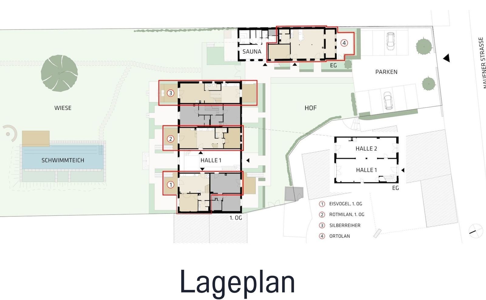 Site plan of the barn with apartments, hall, sauna and natural pool (labels in German)