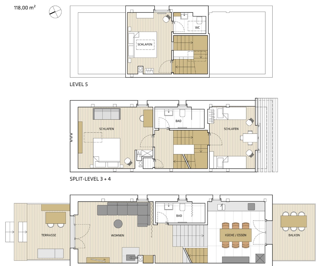 Grundriss Landloft Silberreiher über drei Ebenen: unten Wohnküche mit Terrasse und Balkon sowie Duschbad, in der Mitte Schlafzimmer 1 mit Doppelbett und Schlafzimmer 2 mit zwei Einzelbetten, oben ein Schlafzimmer mit Doppelbett und eigenem Bad – 118 m² für 2 bis 6 Personen